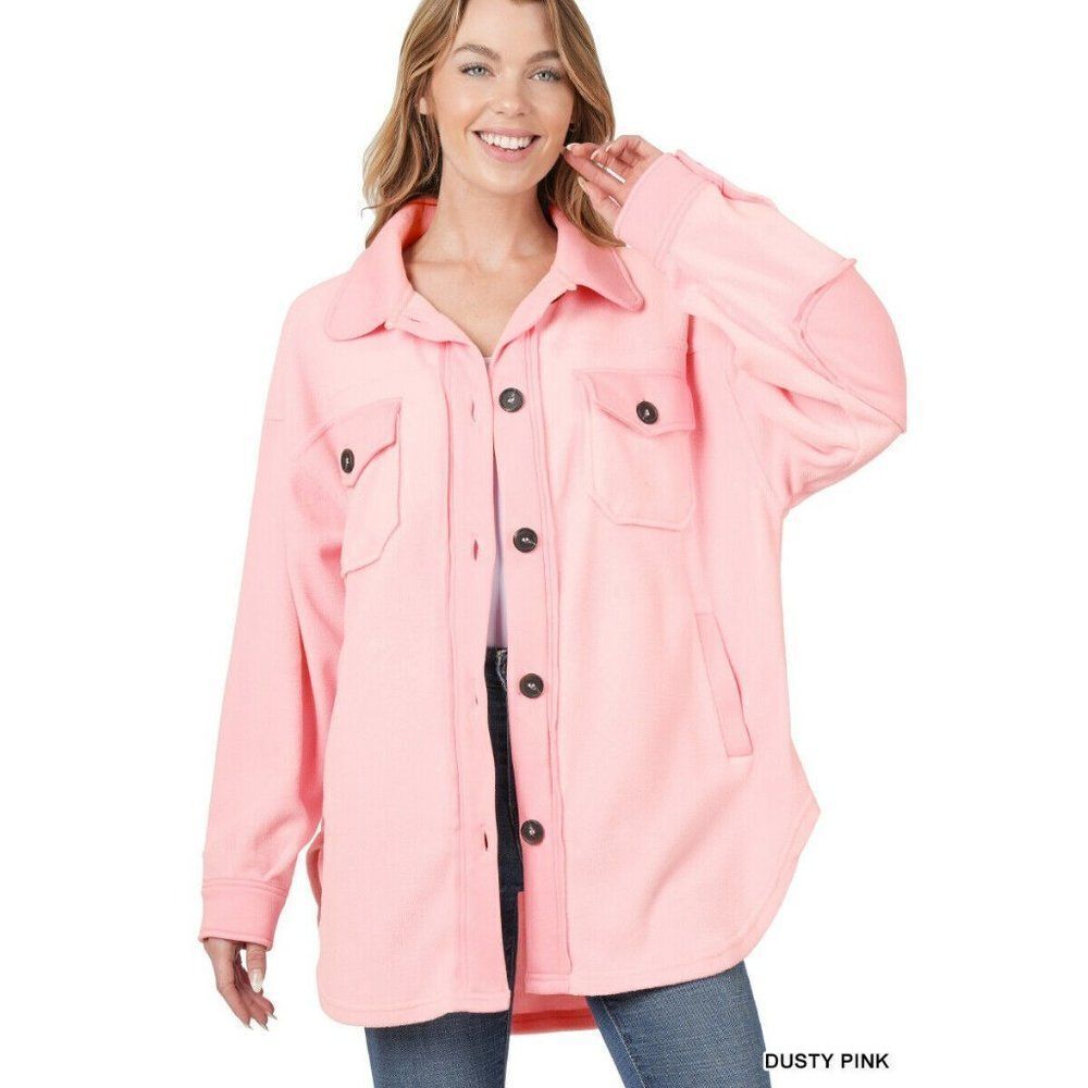 Zenana All About the Fleece Button-Down Shacket in Dusty Pink S-L QJ-4003D4 - Picture 2 of 7